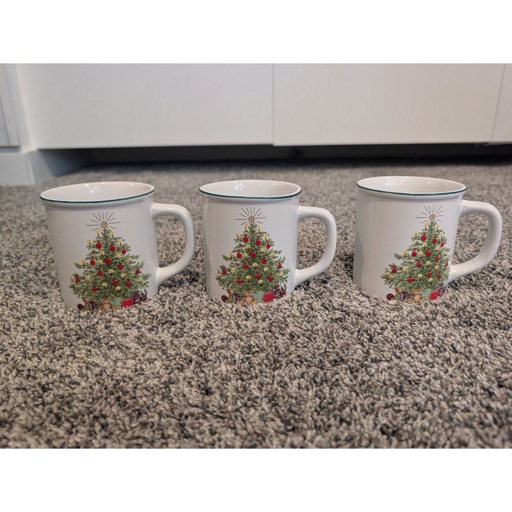 Vintage Japan Christmas Tree Mugs Set of 3 Teddy Bear Train Gifts Green Rim